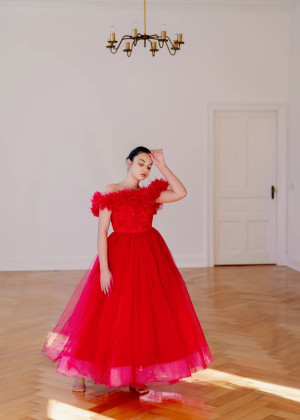 Off Shoulder Bright Pink Lace Tulle Flower Girl Dress